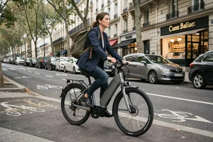 Femme en blazer marine roulant à vélo électrique sur une piste cyclable urbaine bordée d'arbres dans une ville européenne