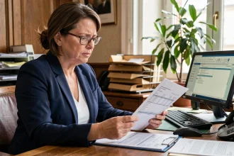 Fonctionnaire territoriale catégorie C examinant sa fiche de paie dans un bureau administratif