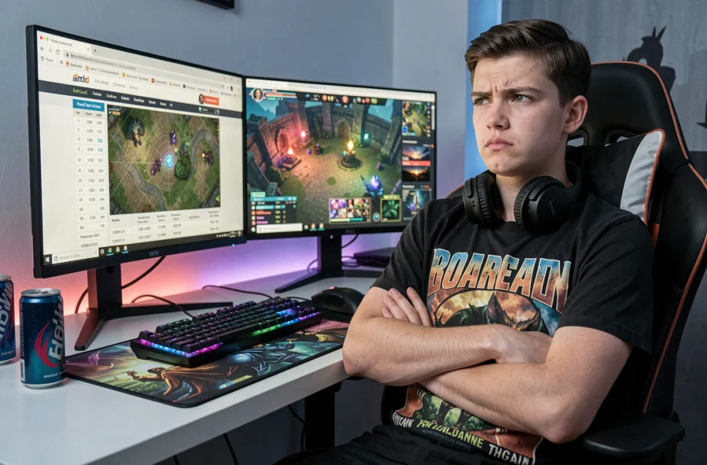 Adolescent gamer agacé devant son setup double écran avec le site DofusPortals ouvert, illustrant les erreurs de chasse aux portails