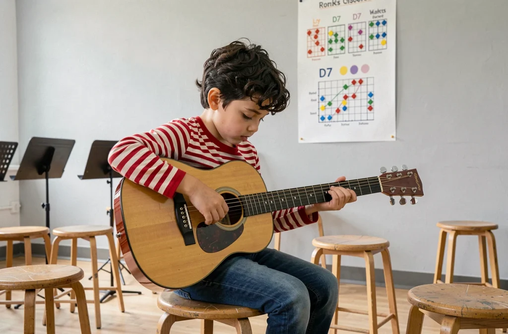 Jeune garçon concentré pratiquant l'accord D7 sur guitare classique dans une salle de cours de musique avec poster pédagogique