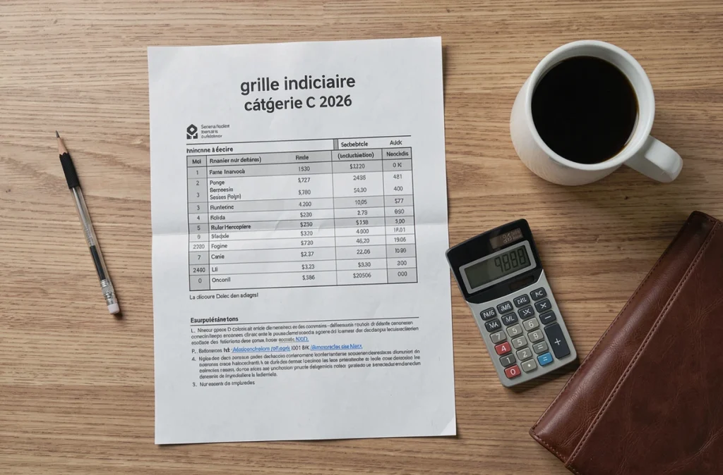 Grille indiciaire catégorie C 2026 posée sur un bureau avec calculatrice et document administratif