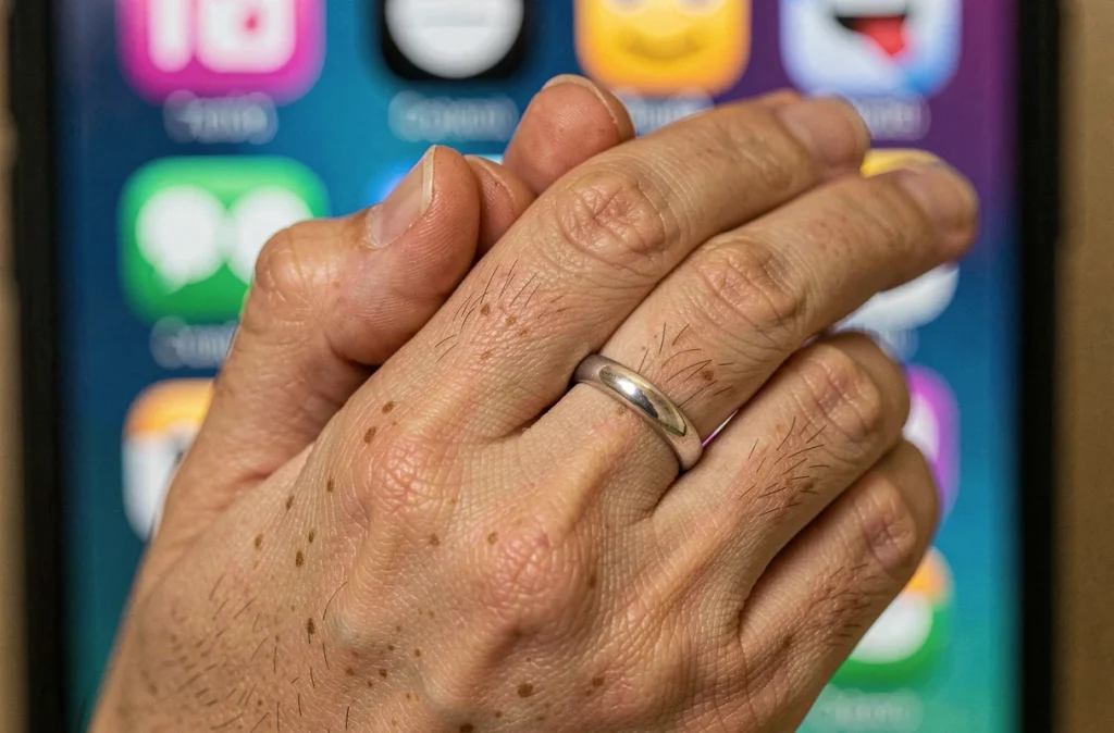 Gros plan sur une main aux doigts croisés devant un écran affichant des emojis, symbole de la culture numérique et internet