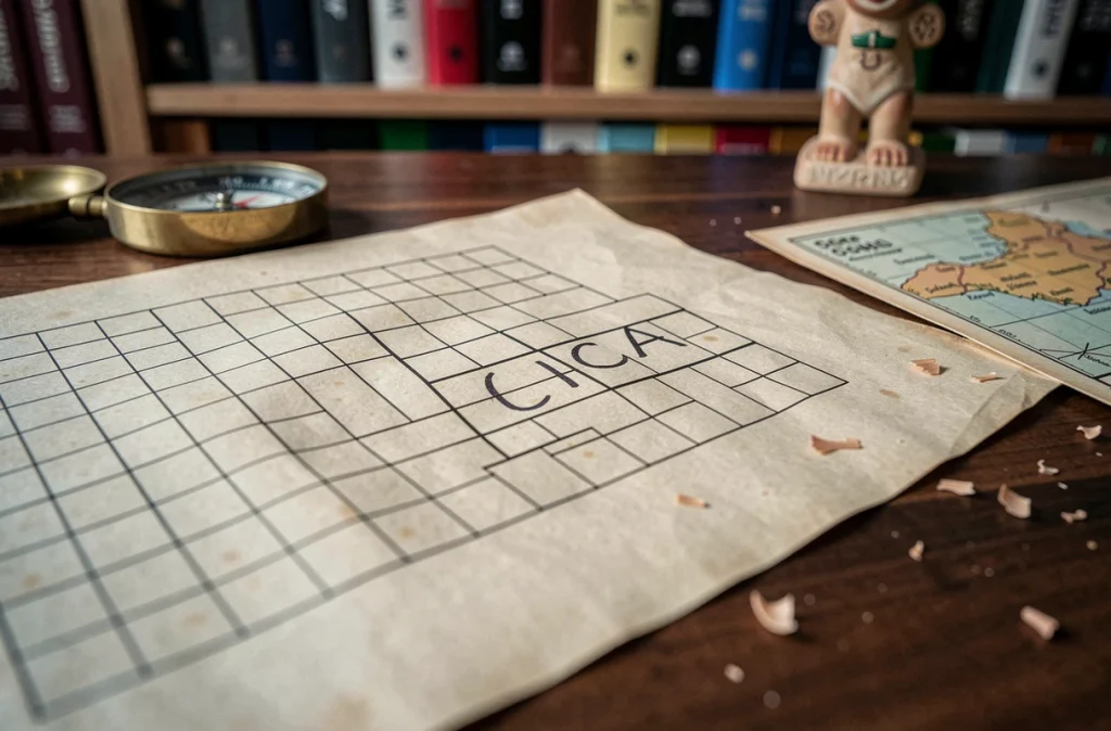 Gros plan d'une grille de mots croisés avec la réponse ICA écrite à la main pour une ville du Pérou en trois lettres