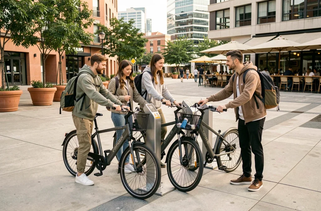 Groupe de jeunes citadins déverrouillant des vélos cargo électriques en libre-service sur une place piétonne animée