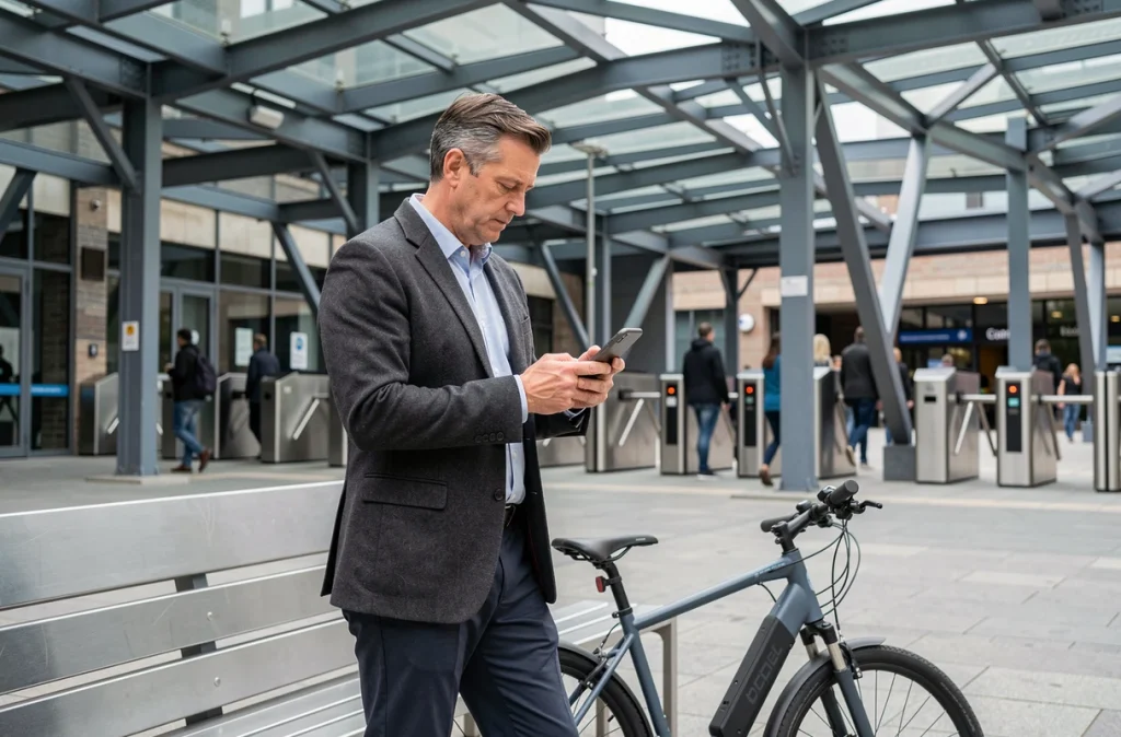 Homme consultant une application de mobilité urbaine dans un pôle multimodal de transport en commun moderne
