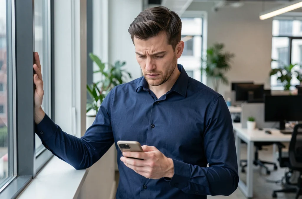 Homme en bureau recevant un appel téléphonique avec un numéro commençant par 05