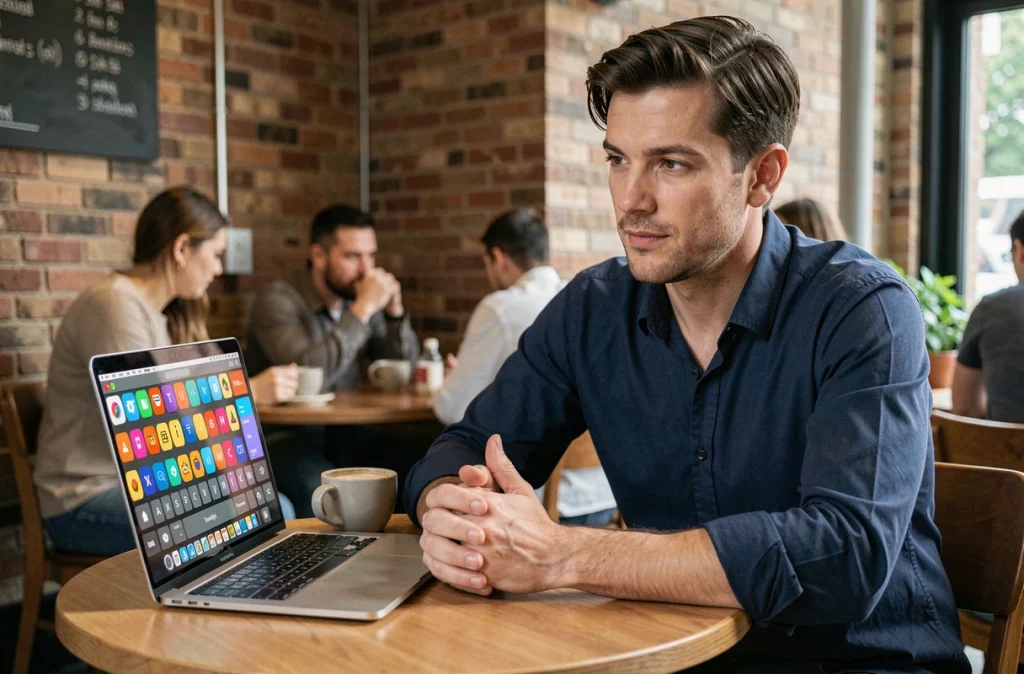 Homme dans un café avec les doigts croisés près d'un ordinateur affichant un clavier d'emojis, illustrant la culture internet
