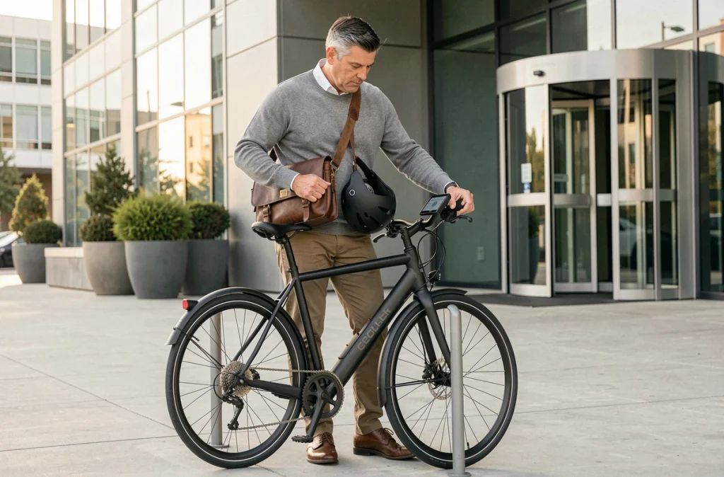 Homme d'affaires attachant son vélo électrique devant un immeuble de bureaux moderne en zone urbaine