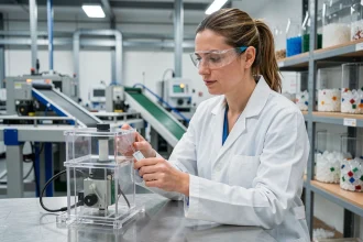 Ingénieure française examinant un prototype de module de recyclage innovant dans un laboratoire industriel moderne