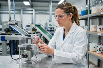 Ingénieure française examinant un prototype de module de recyclage innovant dans un laboratoire industriel moderne