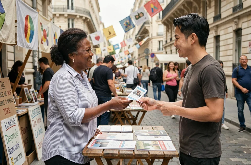 Bénévole d'une initiative locale remettant un document d'information à un jeune habitant lors d'une fête de quartier urbaine