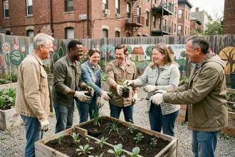 Groupe de voisins adultes cultivant ensemble un jardin partagé en milieu urbain, renforçant le lien social dans le quartier