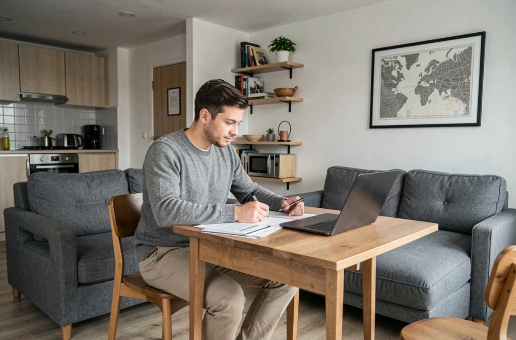 Jeune actif travaillant depuis son studio meublé en ville, symbole de la flexibilité offerte par la location meublée