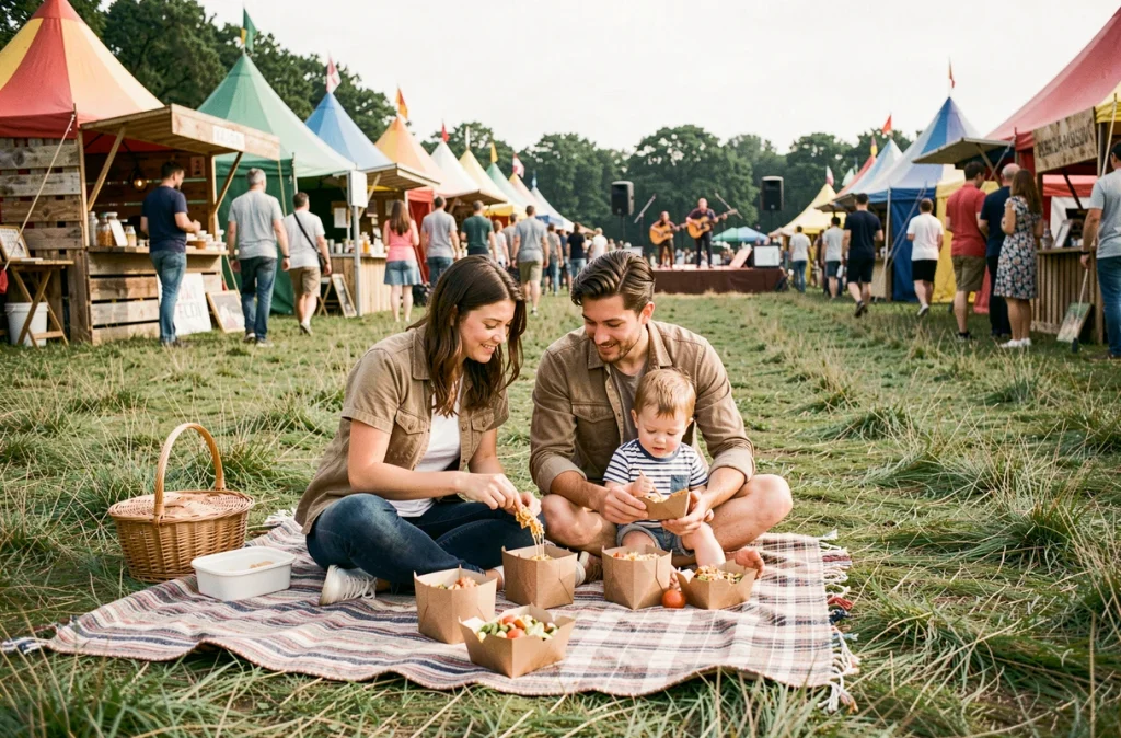 Jeune famille en pique-nique sur une pelouse lors d'un festival culturel avec concerts en arrière-plan