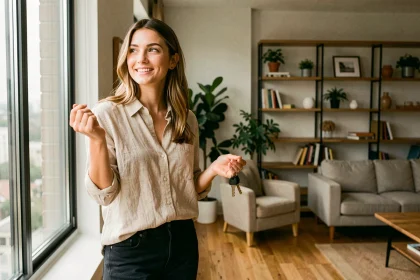 Jeune femme tenant des clés dans un appartement meublé moderne, illustrant la tendance de la location meublée chez les jeunes actifs