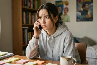 Jeune femme appelant un standard radio depuis sa chambre, smartphone à l'oreille, air concentré
