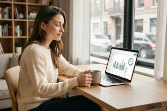 Jeune femme active consultant son application d'épargne automatique sur un ordinateur portable dans un appartement moderne