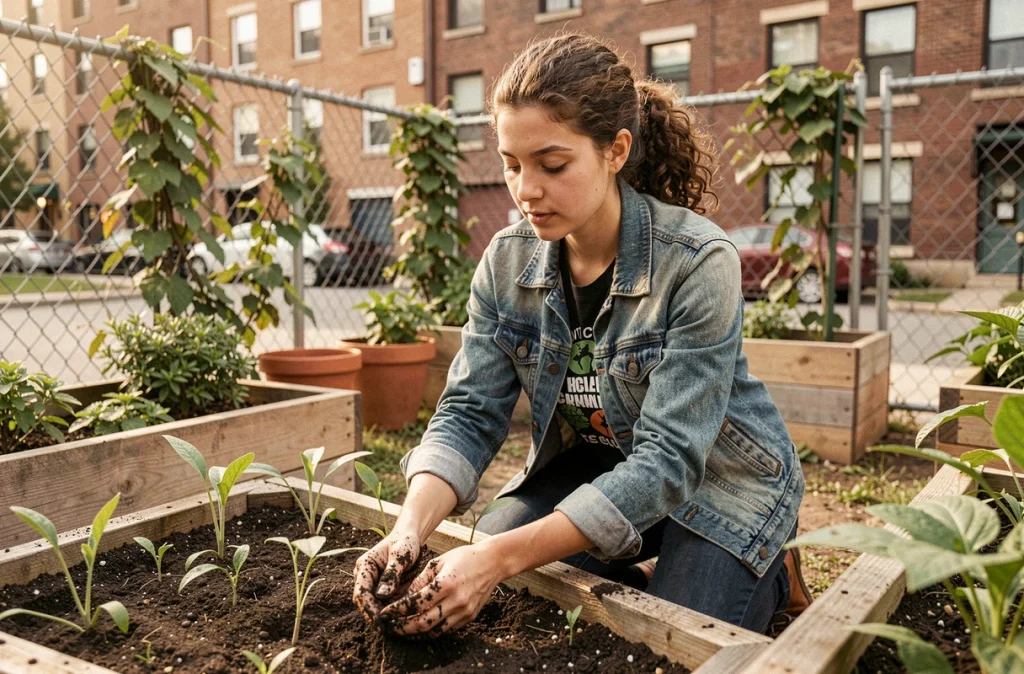 Jeune femme plantant des semis dans un jardin communautaire urbain dans le cadre d'un engagement écologique