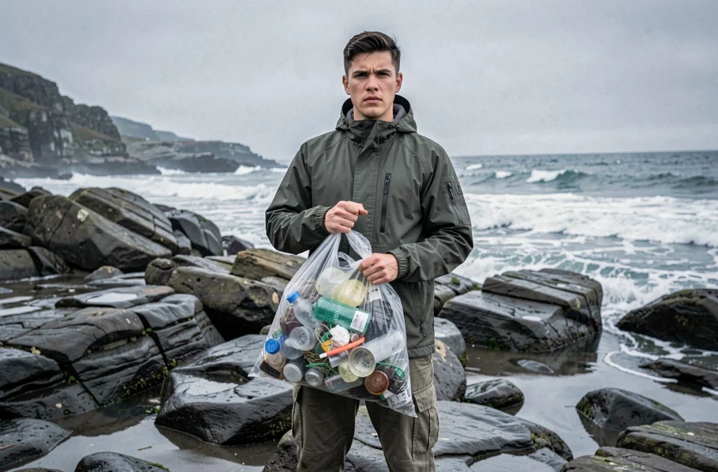 Jeune homme ramassant des déchets plastiques sur une plage rocheuse lors d'une opération de nettoyage côtier