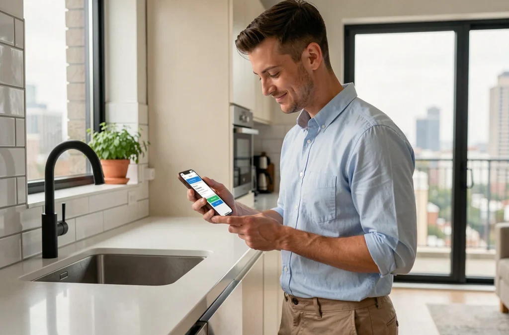 Jeune actif masculin vérifiant ses virements d'épargne programmés sur son smartphone dans une cuisine moderne