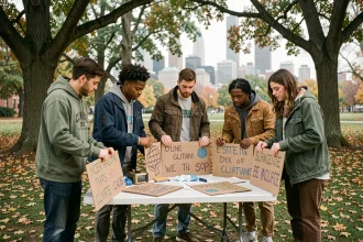 Groupe de jeunes militants préparant des pancartes pour une action climatique dans un parc urbain