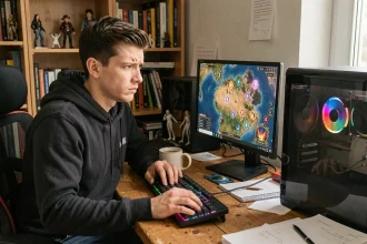 Joueur frustré devant son PC en train de chercher des portails sur DofusPortals avec une carte fantasy affichée à l'écran