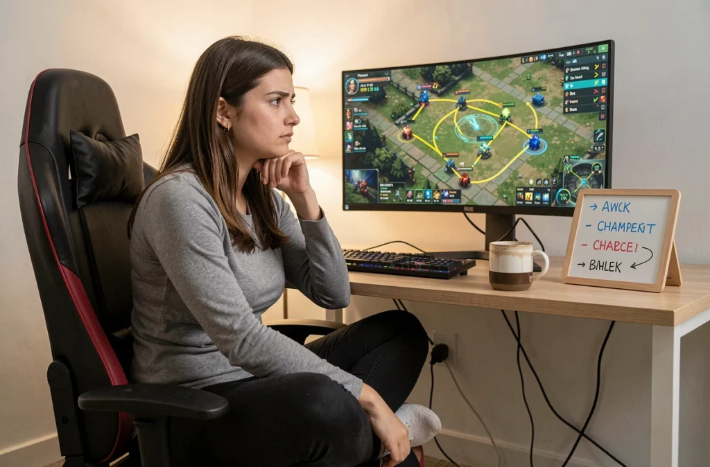 Joueuse de LoL en train de revoir ses erreurs tactiques sur un replay en mode solo queue avec tableau blanc de notes