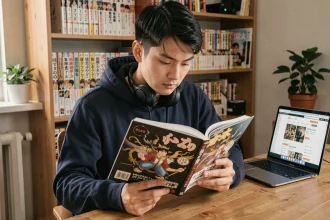 Jeune homme lisant un manga aux motifs mythologiques orientaux dans une chambre entourée de volumes manga et d'un ordinateur portable ouvert