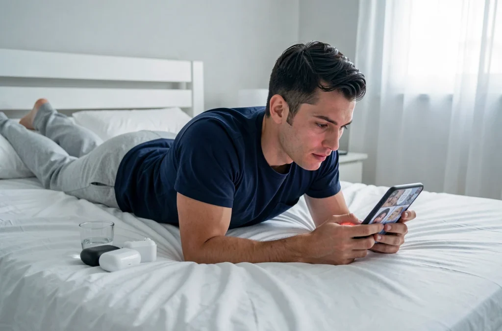 Homme allongé sur un lit lisant un scan de manga sur smartphone dans une chambre minimaliste lumineuse, posture détendue pour une lecture confortable