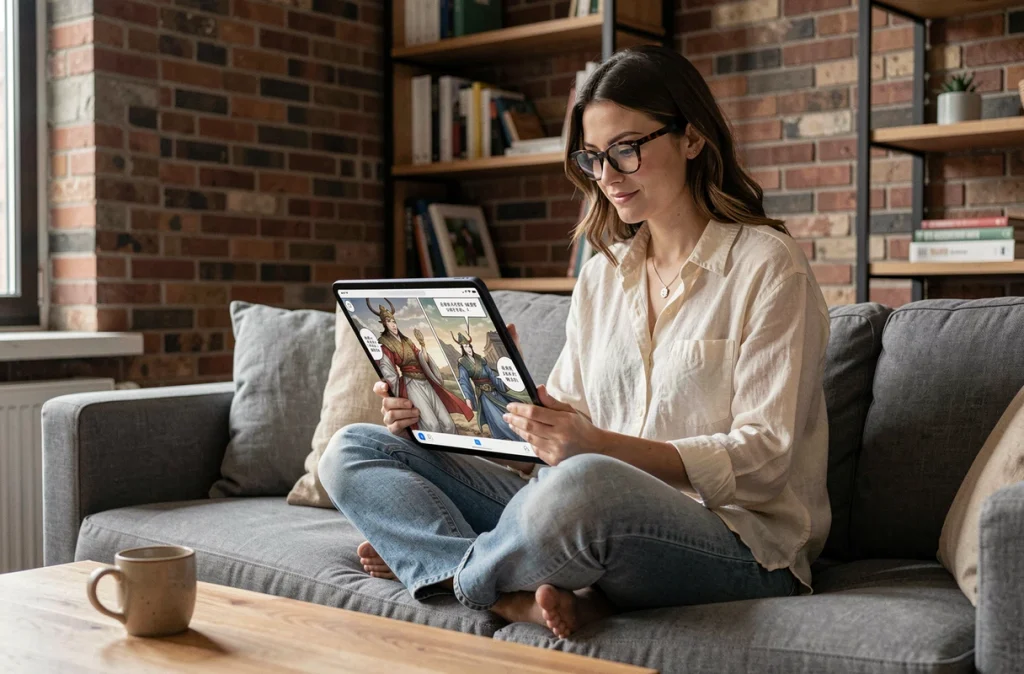 Femme lisant un manga de voyage en Orient sur tablette dans un salon moderne aux murs en briques