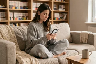 Jeune femme lisant le scan de One Piece sur smartphone, installée confortablement sur un canapé en lin beige dans un salon cosy au style scandinave