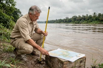 Géographe mesurant les rives d'un grand fleuve tropical avec une canne de mesure et une carte topographique