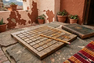 Grille de mots croisés posée sur une table en pierre dans une cour péruvienne avec un crayon et un dictionnaire espagnol ouvert