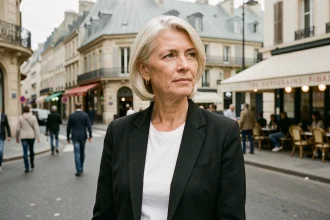 Muriel Moreno, icône des années 90, posant dans une rue parisienne avec un style contemporain élégant