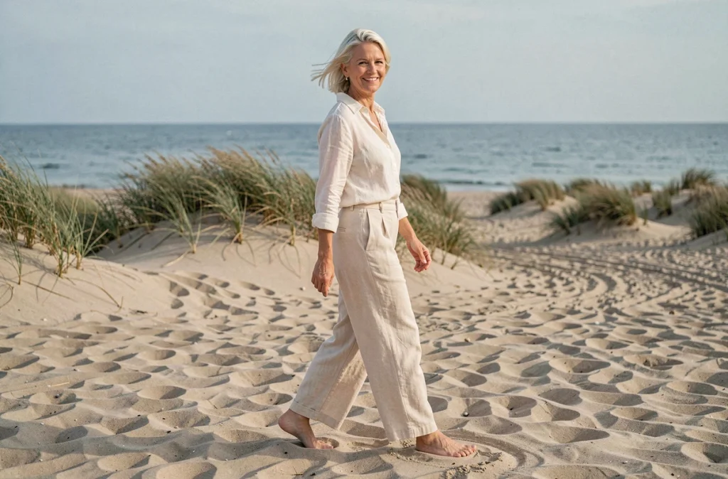 Femme iconique des années 90 marchant pieds nus sur une plage méditerranéenne dans une tenue estivale décontractée