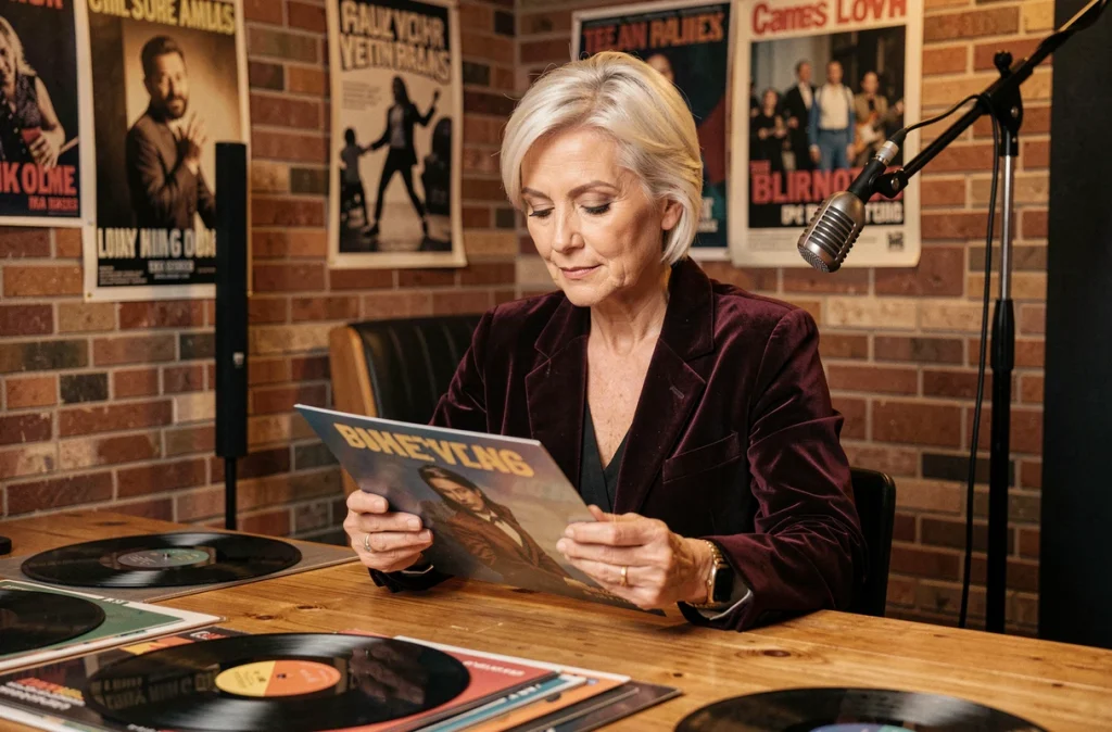 Portrait d'une artiste musicale des années 90 entourée de vinyles dans un studio de musique vintage