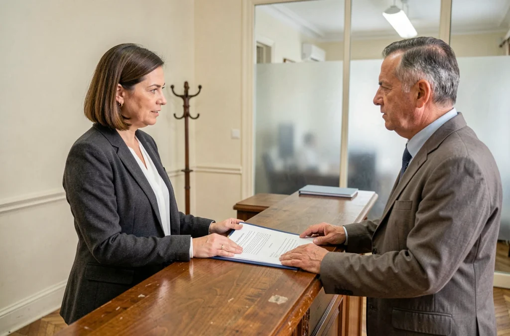 Notaire expliquant un document immobilier à son client dans une étude notariale au décor classique français