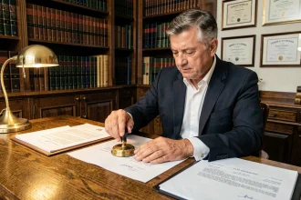 Notaire en costume marine tamponnant un acte immobilier dans son bureau traditionnel aux étagères remplies de livres juridiques