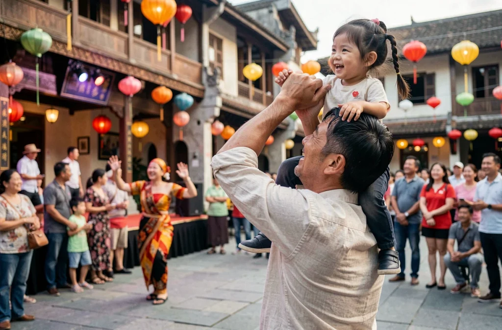 Père portant sa fille sur les épaules pour regarder un spectacle de danse traditionnelle dans un festival culturel urbain