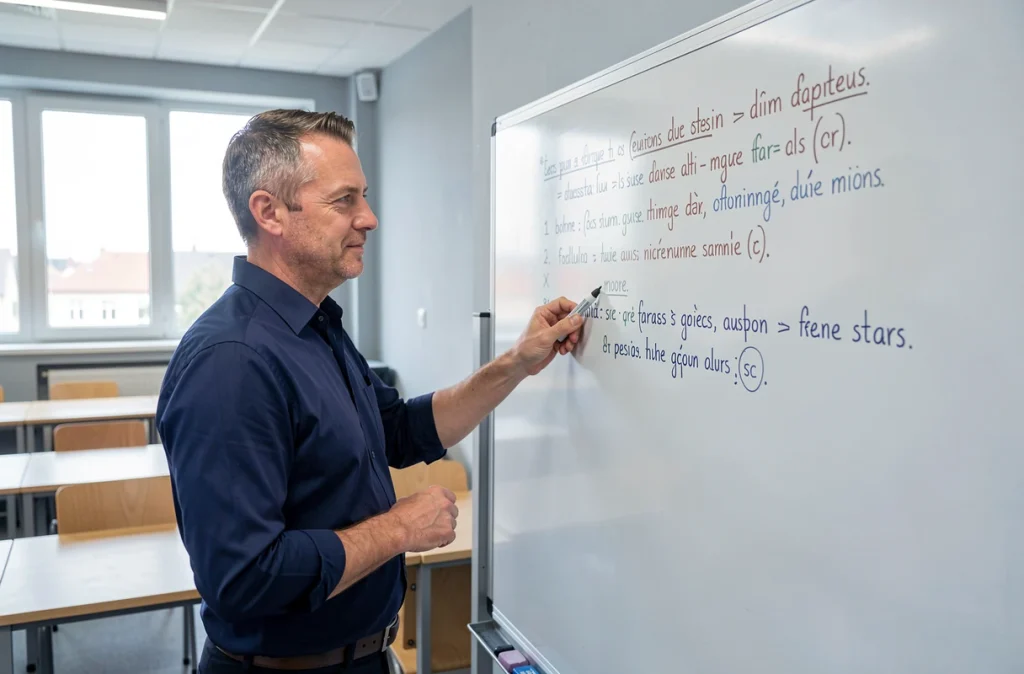 Professeur de français expliquant une règle de grammaire au tableau blanc dans une salle de classe moderne