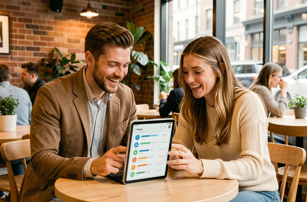 Deux personnes qui analysent ensemble leur progression de points de fidélité sur une tablette dans un café moderne