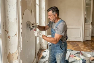 Artisan appliquant de l'enduit blanc sur un mur fissuré lors de la rénovation d'un appartement ancien parisien avec parquet en point de Hongrie