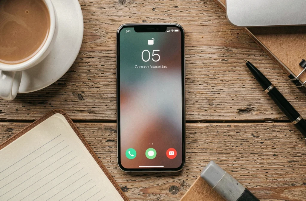 Gros plan d'un smartphone affichant un appel entrant avec un numéro inconnu en 05 sur un bureau en bois