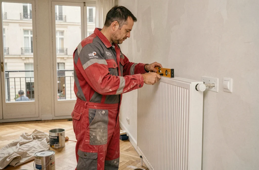 Plombier d'Abatier Plomberie posant un radiateur dans un appartement en rénovation à Lyon