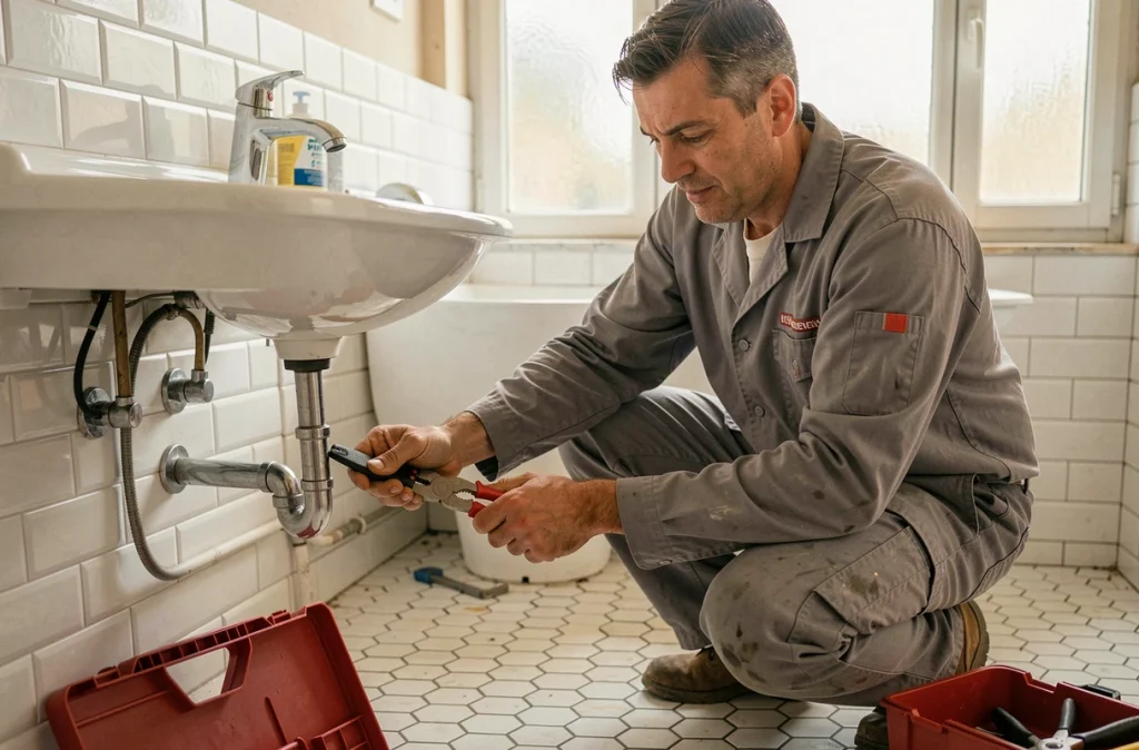Plombier d'Albert'eau Plomberie installant des tuyaux sous un lavabo dans un appartement lyonnais rénové