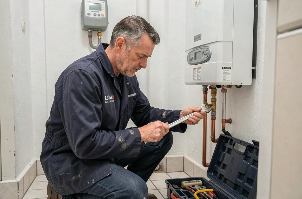 Technicien d'Assistance Mounier Gaz Service réparant une chaudière à gaz dans une cuisine lyonnaise
