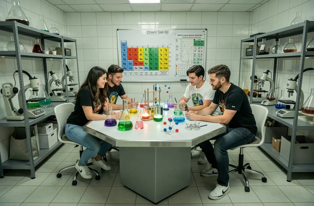 Groupe d'amis résolvant des énigmes scientifiques dans l'escape game Atome Game