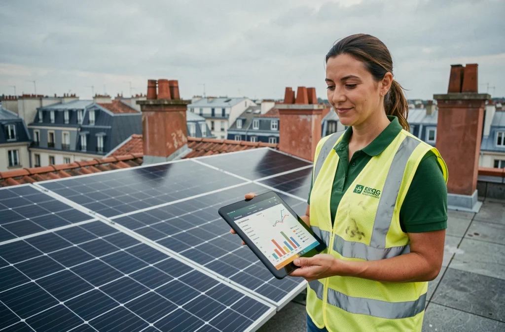 Consultante en énergies renouvelables d'Avenir Eco sur un toit lyonnais avec panneaux solaires thermiques
