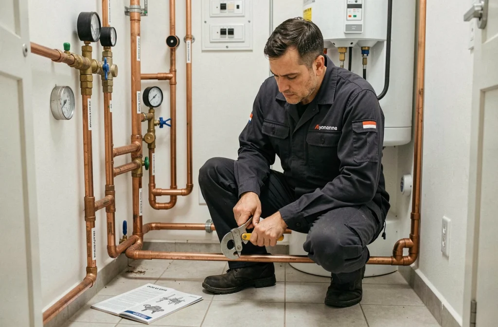 Technicien de CFB Lyon travaillant sur des canalisations en cuivre dans un local technique lyonnais