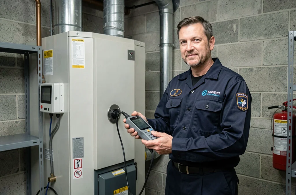 Technicien de Chouquet Services effectuant un diagnostic sur une chaudière industrielle dans un sous-sol lyonnais
